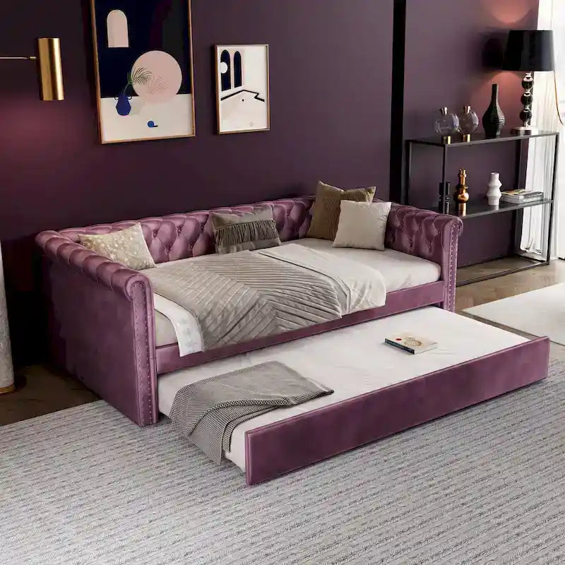 Lit de repos capitonné en velours avec lit gigogne