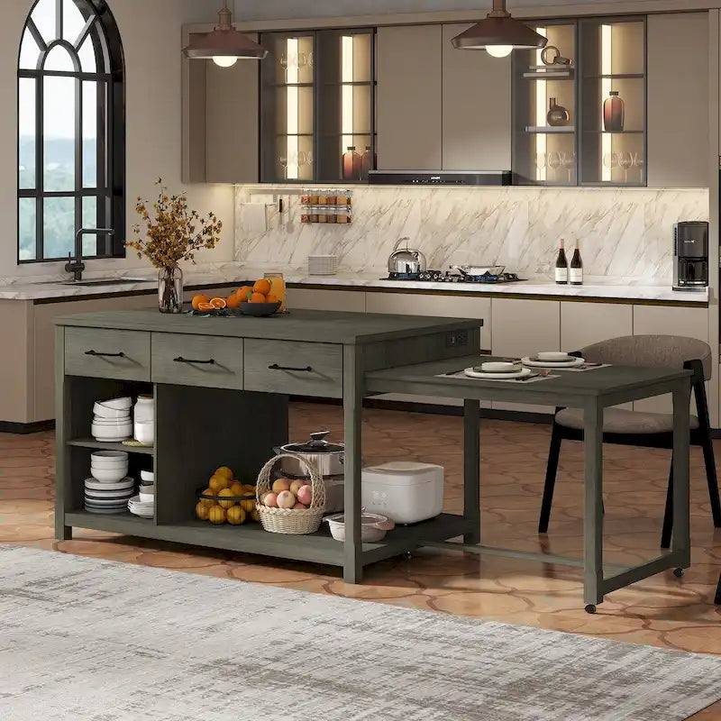 Îlot de cuisine mobile, table extensible avec prises USB et rangements
