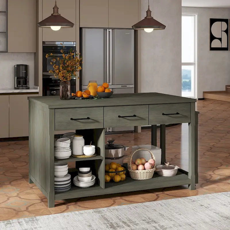 Îlot de cuisine mobile, table extensible avec prises USB et rangements