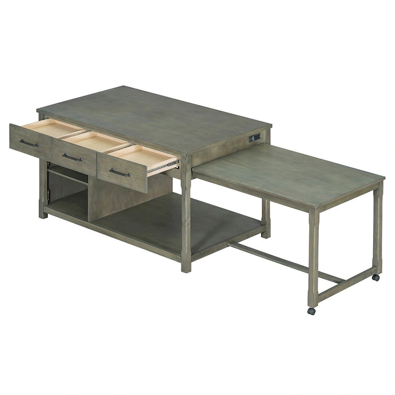Îlot de cuisine mobile, table extensible avec prises USB et rangements