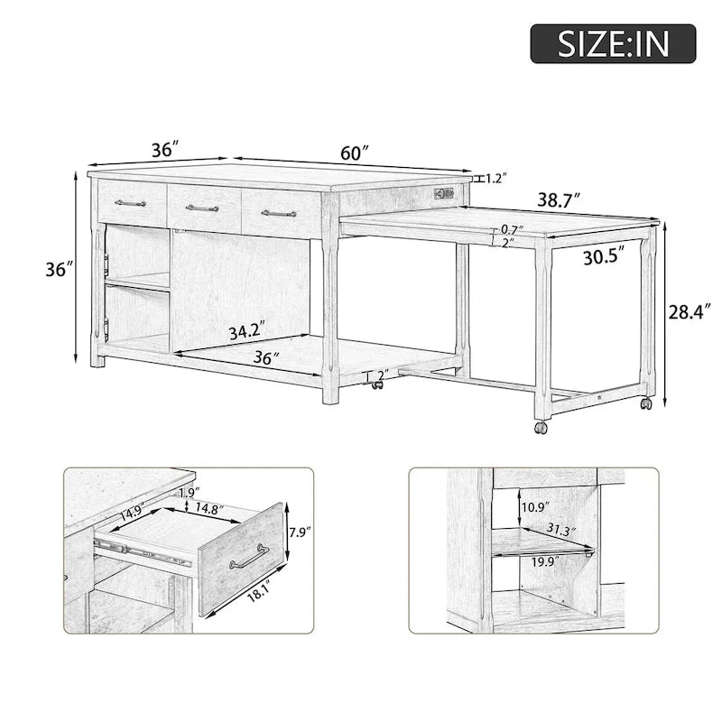 Îlot de cuisine mobile, table extensible avec prises USB et rangements