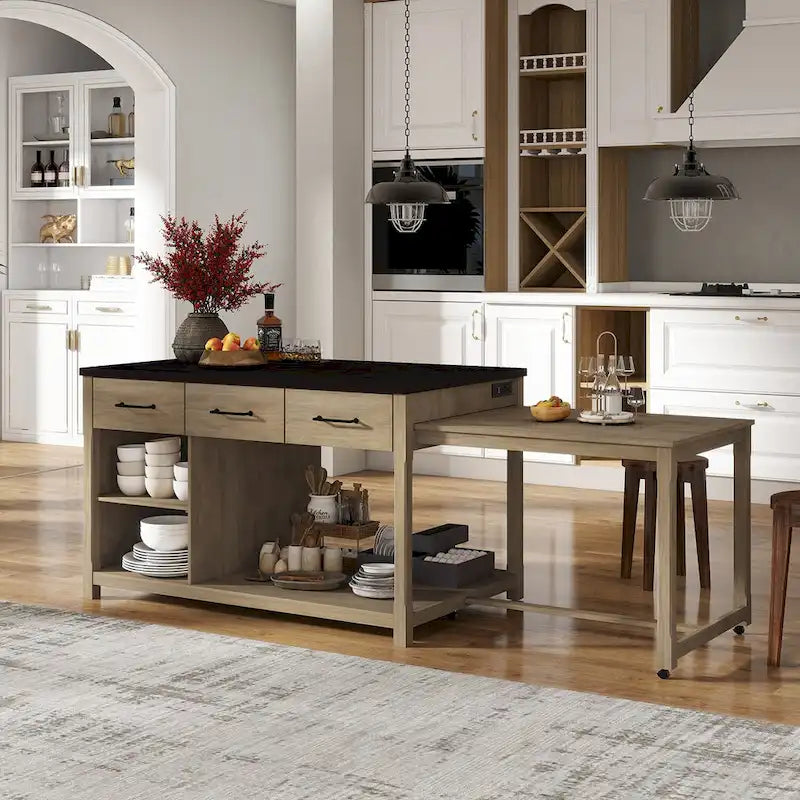 Îlot de cuisine mobile, table extensible avec prises USB et rangements