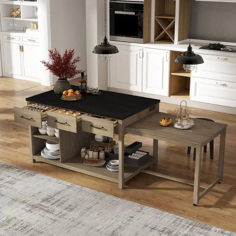 Îlot de cuisine mobile, table extensible avec prises USB et rangements