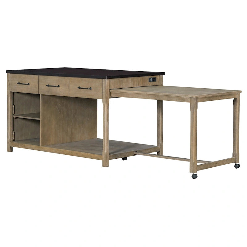 Îlot de cuisine mobile, table extensible avec prises USB et rangements