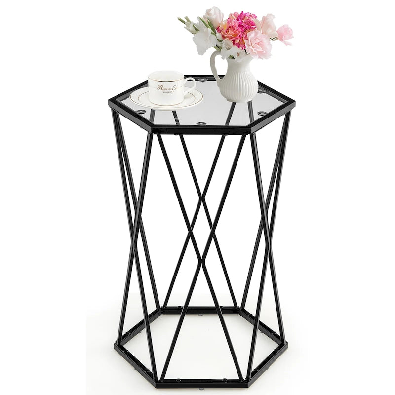 Dessus en verre trempé, cadre métallique, élément hexagonal