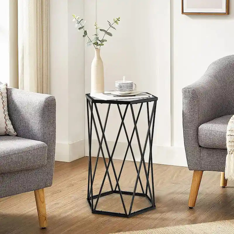 Dessus en verre trempé, cadre métallique, élément hexagonal