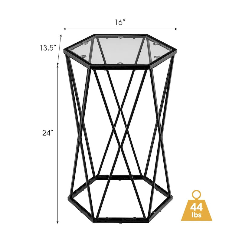 Dessus en verre trempé, cadre métallique, élément hexagonal
