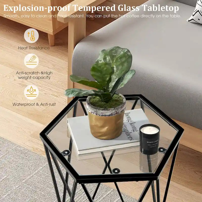 Dessus en verre trempé, cadre métallique, élément hexagonal