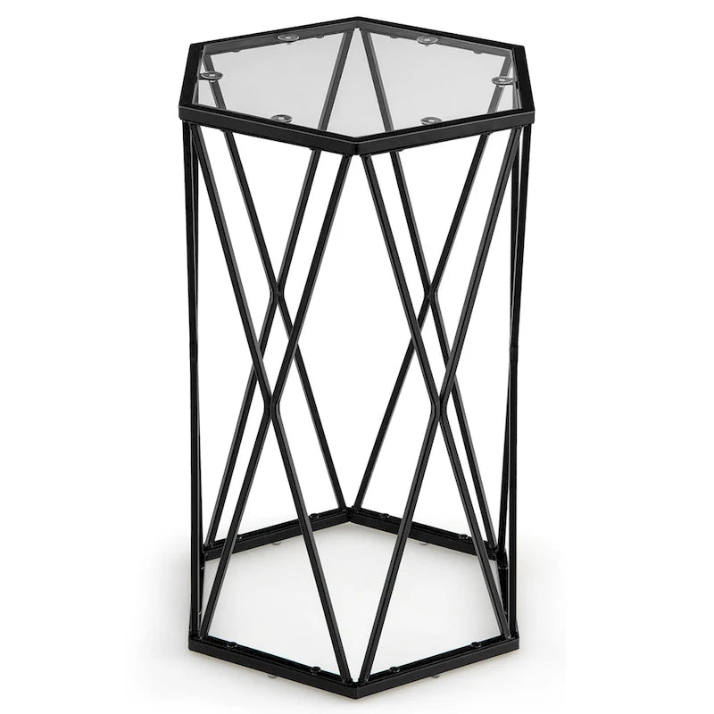 Dessus en verre trempé, cadre métallique, élément hexagonal
