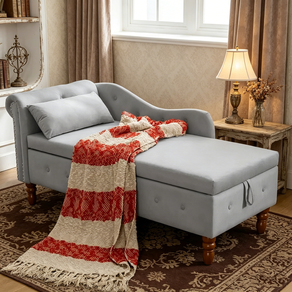 Chaise longue en velours rembourrée à accoudoirs arrondis pour chambre à coucher