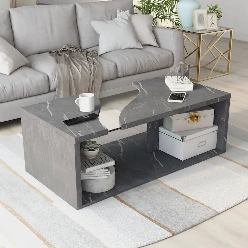 Table basse en placage imitation marbre avec étagères