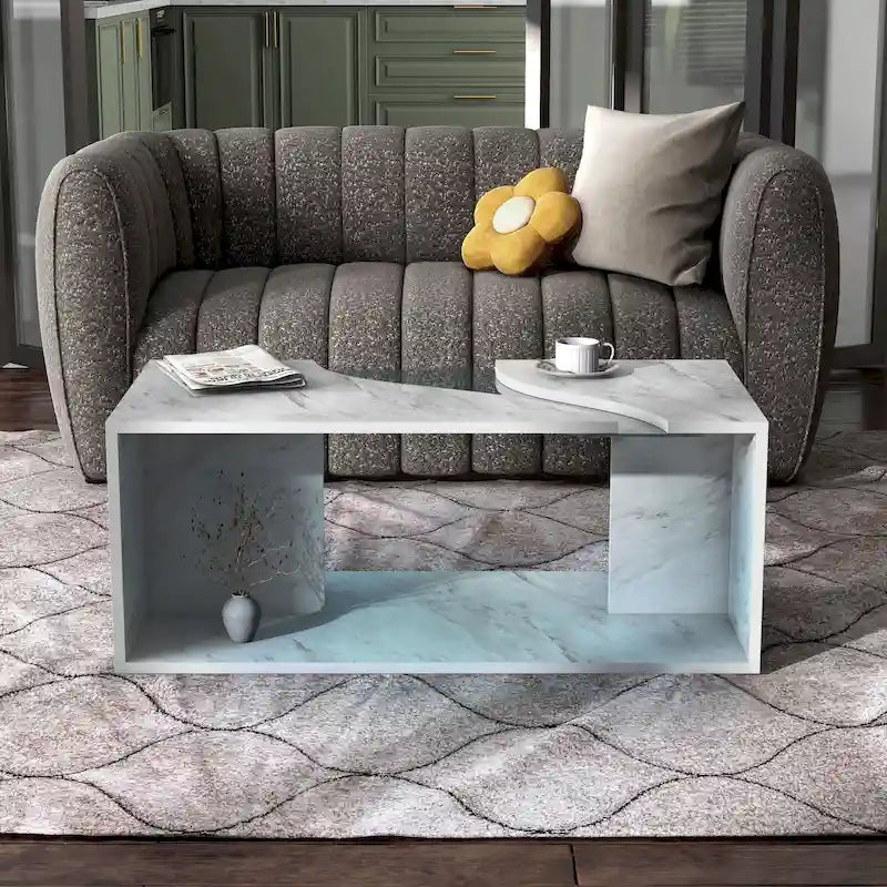Table basse en placage imitation marbre avec étagères
