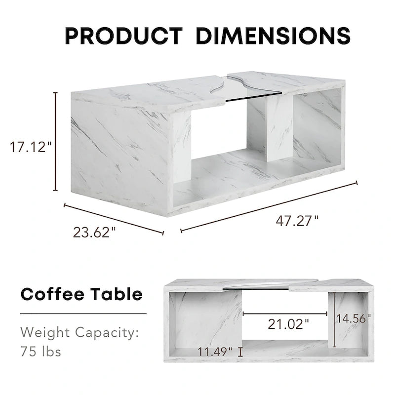 Table basse en placage imitation marbre avec étagères
