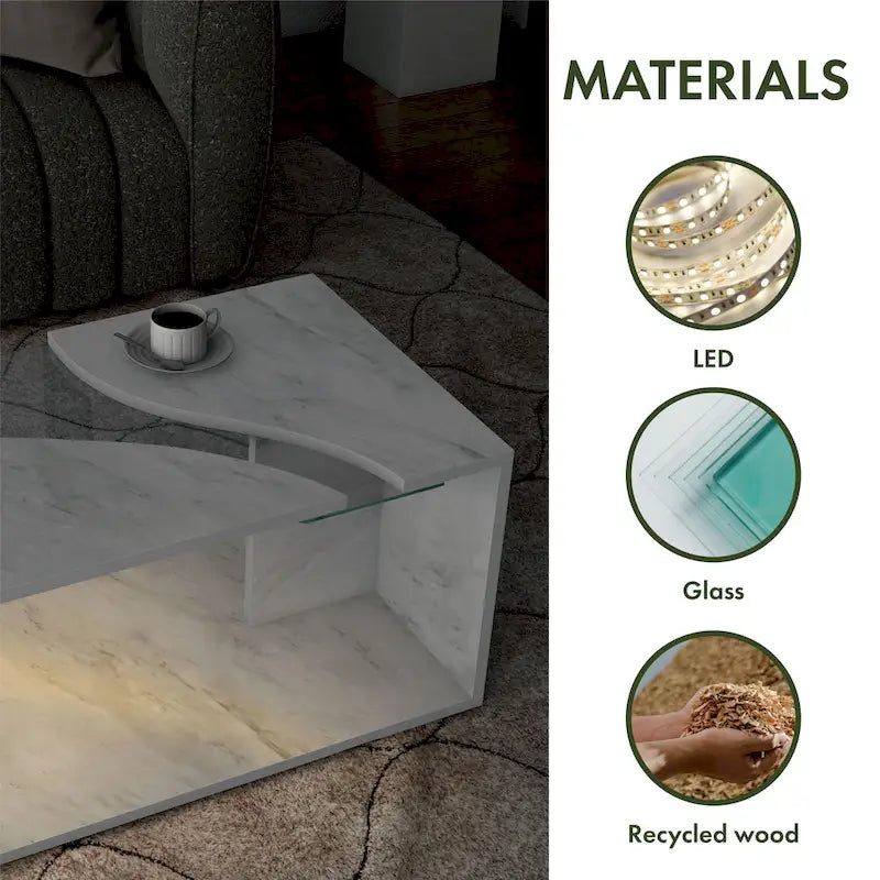 Table basse en placage imitation marbre avec étagères