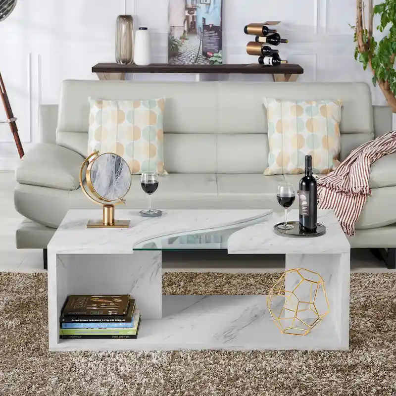 Table basse en placage imitation marbre avec étagères