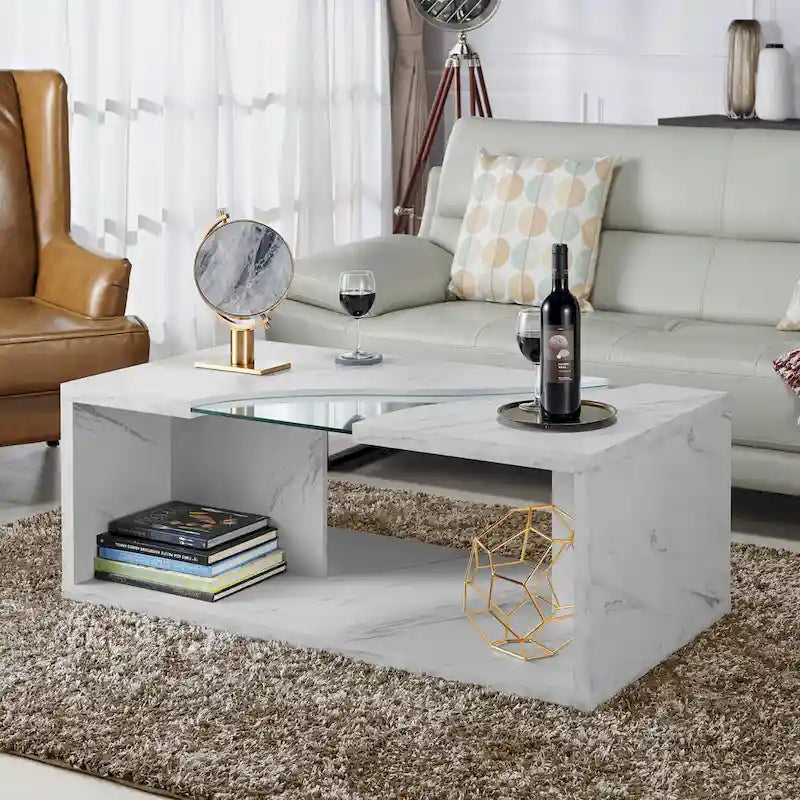 Table basse en placage imitation marbre avec étagères