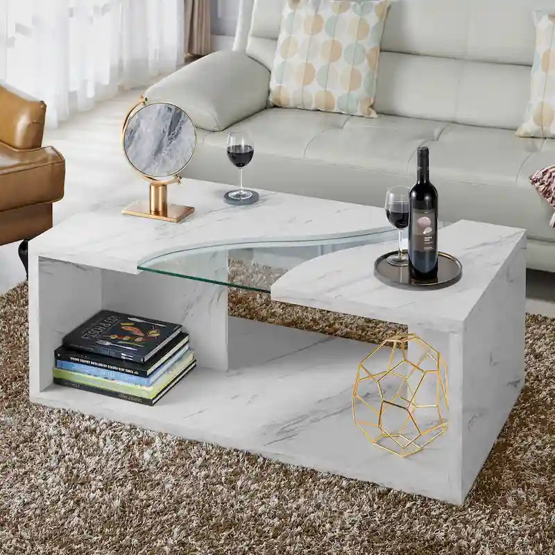 Table basse en placage imitation marbre avec étagères