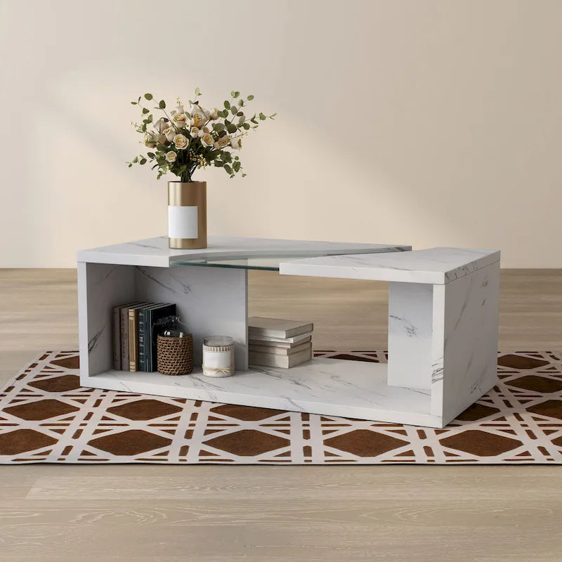 Table basse en placage imitation marbre avec étagères