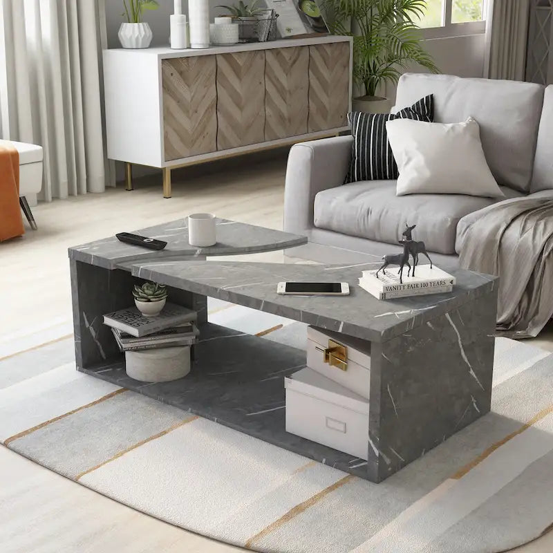 Table basse en placage imitation marbre avec étagères
