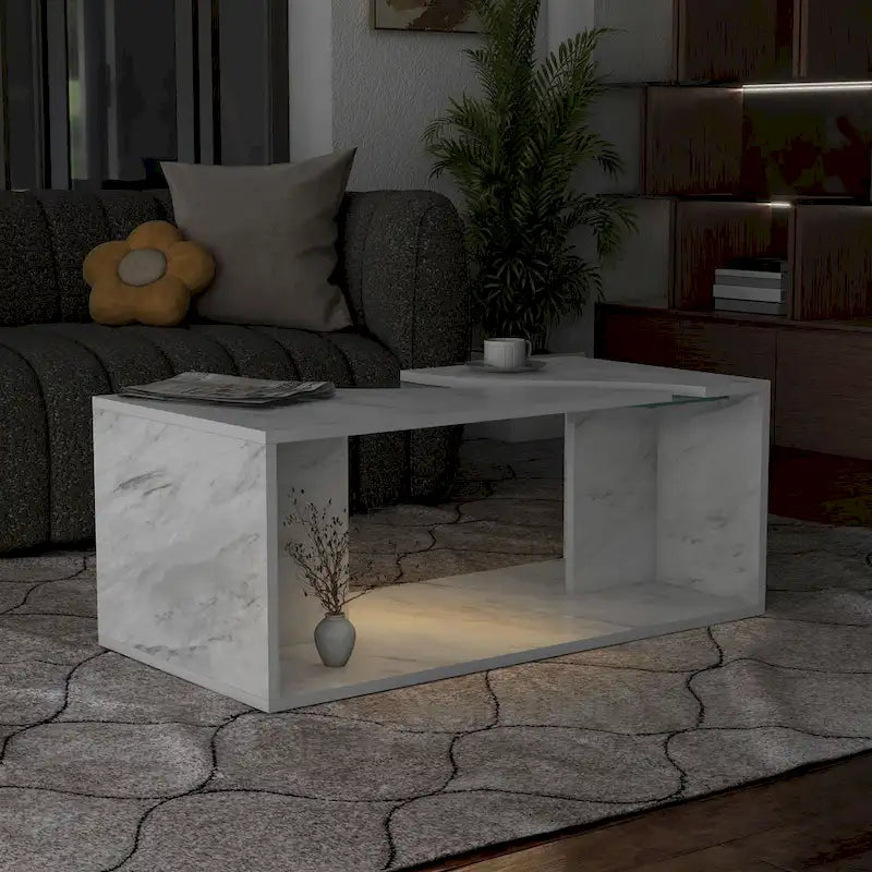 Table basse en placage imitation marbre avec étagères