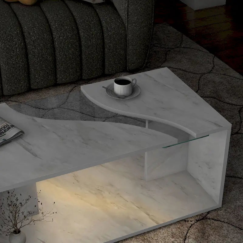 Table basse en placage imitation marbre avec étagères