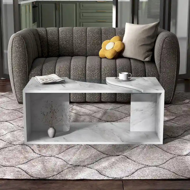 Table basse en placage imitation marbre avec étagères