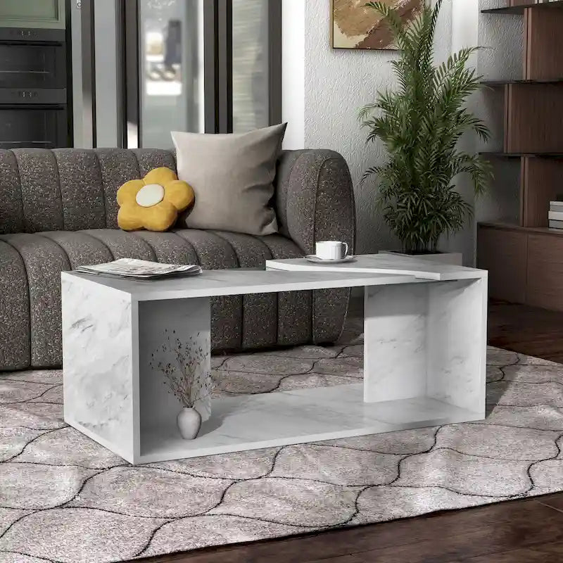 Table basse en placage imitation marbre avec étagères