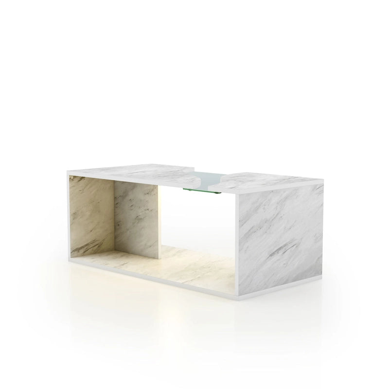 Table basse en placage imitation marbre avec étagères
