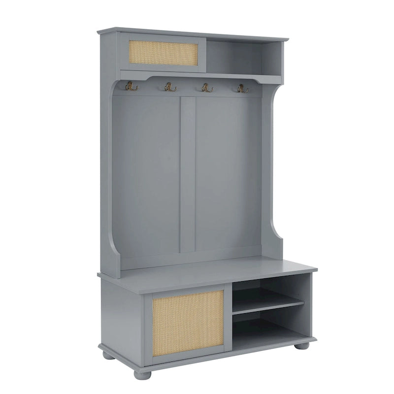 Banc d'entrée avec porte en rotin et armoires à chaussures