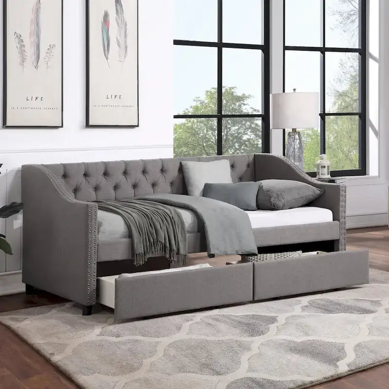Lit de repos capitonné de taille double avec tiroirs