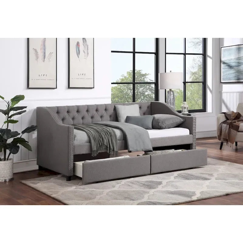 Lit de repos capitonné de taille double avec tiroirs