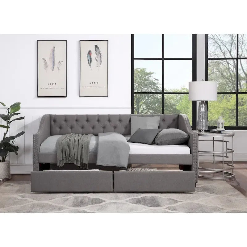 Lit de repos capitonné de taille double avec tiroirs