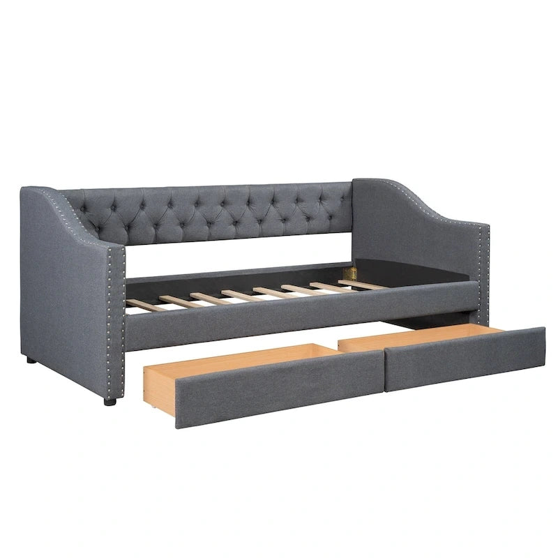 Lit de repos capitonné de taille double avec tiroirs