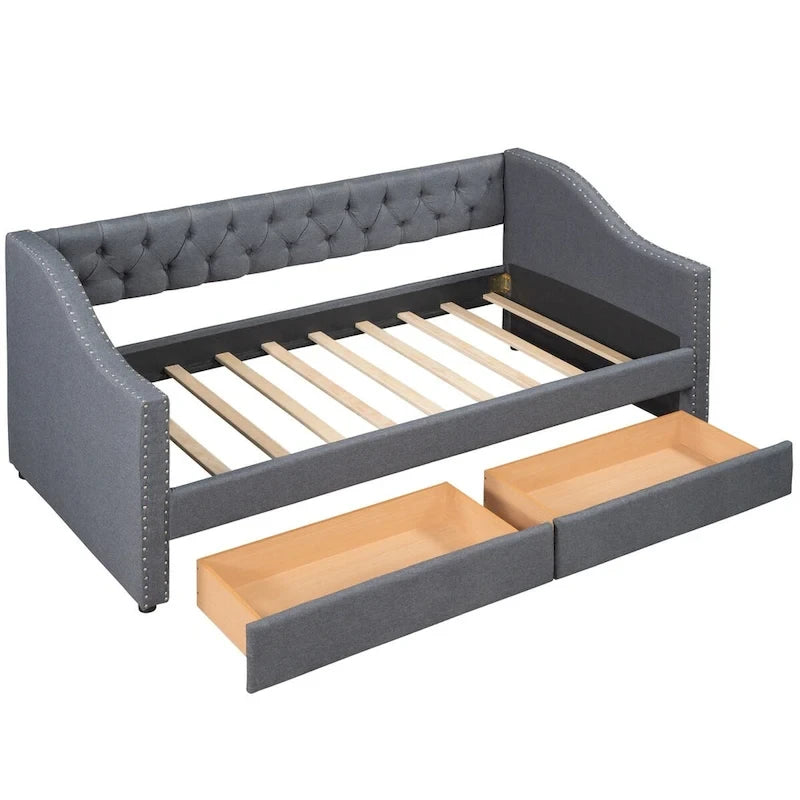 Lit de repos capitonné de taille double avec tiroirs