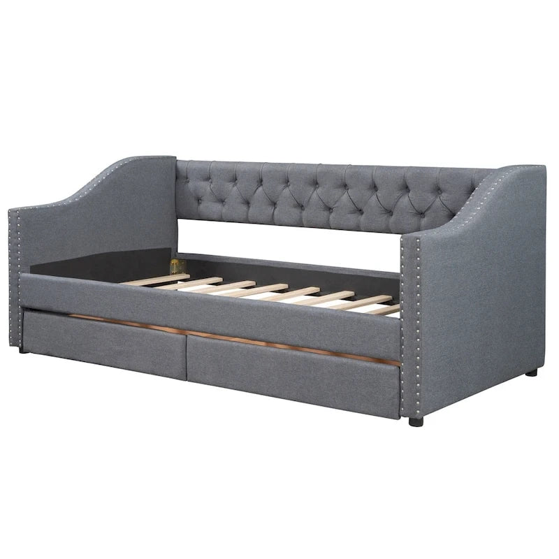 Lit de repos capitonné de taille double avec tiroirs