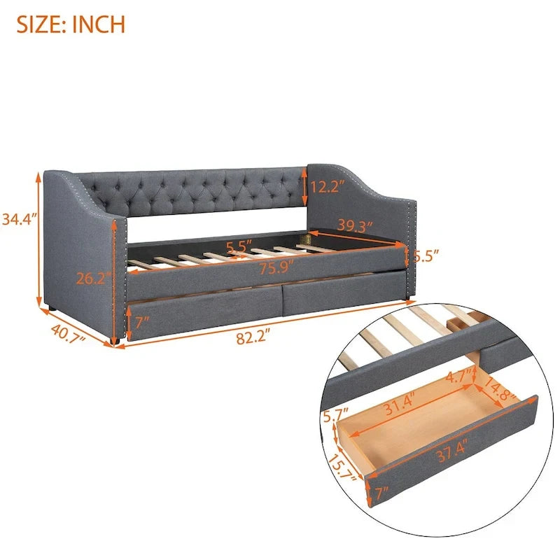 Lit de repos capitonné de taille double avec tiroirs