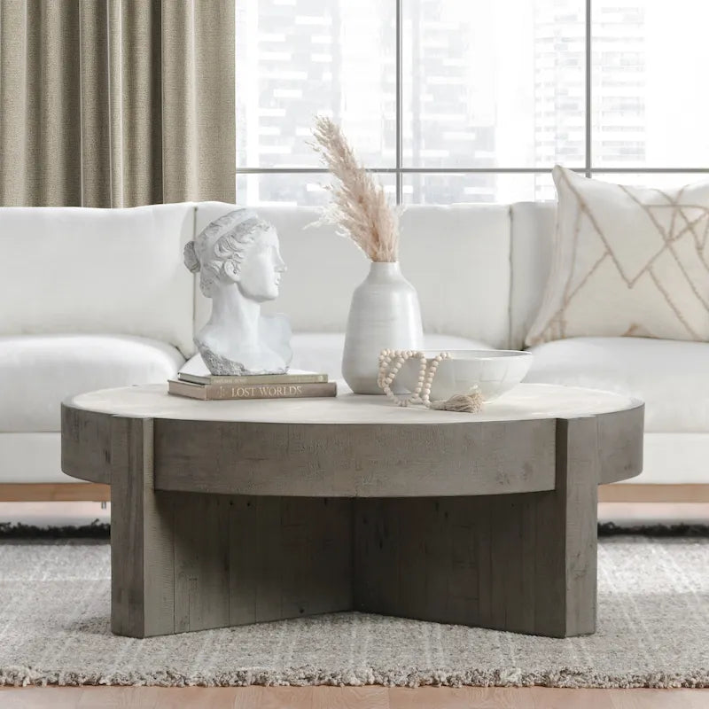 Table basse ronde en pin recyclé gris vieilli