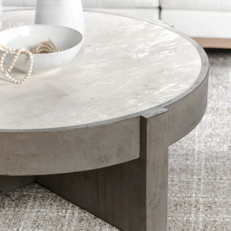 Table basse ronde en pin recyclé gris vieilli