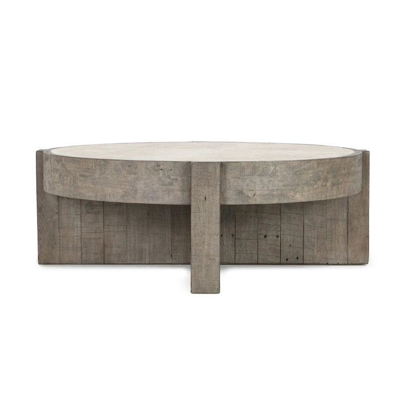 Table basse ronde en pin recyclé gris vieilli