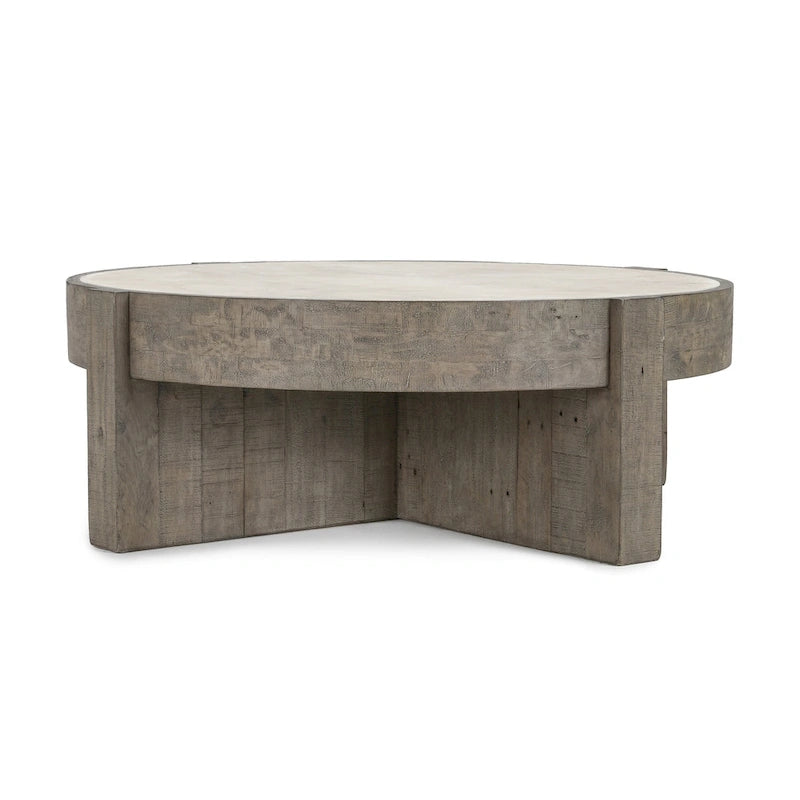Table basse ronde en pin recyclé gris vieilli
