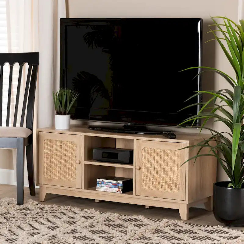 Meuble TV 2 portes en rotin naturel