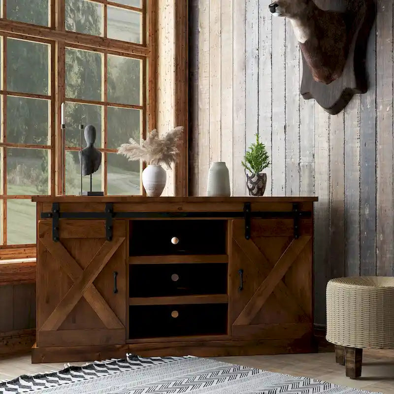 Bridgevine Home Farmhouse 56 inch Corner TV Stand for TVs up to 60 inches, No Assembly Required, Aged Whiskey Finish
