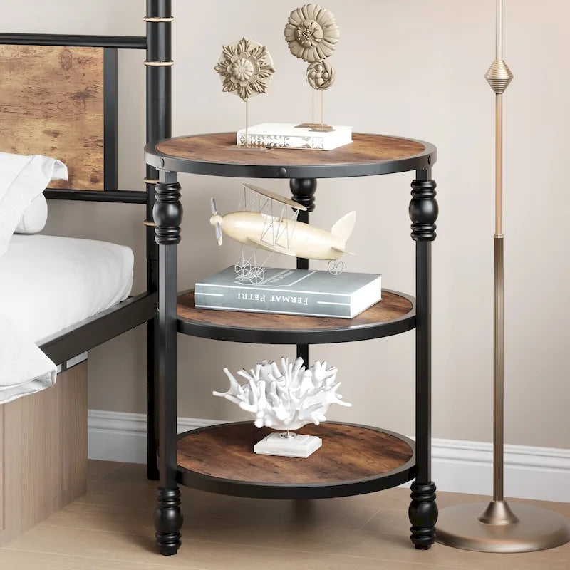 Table d'appoint ronde avec étagère de rangement et cadre métallique