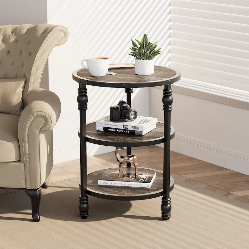 Table d'appoint ronde avec étagère de rangement et cadre métallique