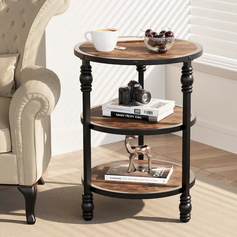 Table d'appoint ronde avec étagère de rangement et cadre métallique