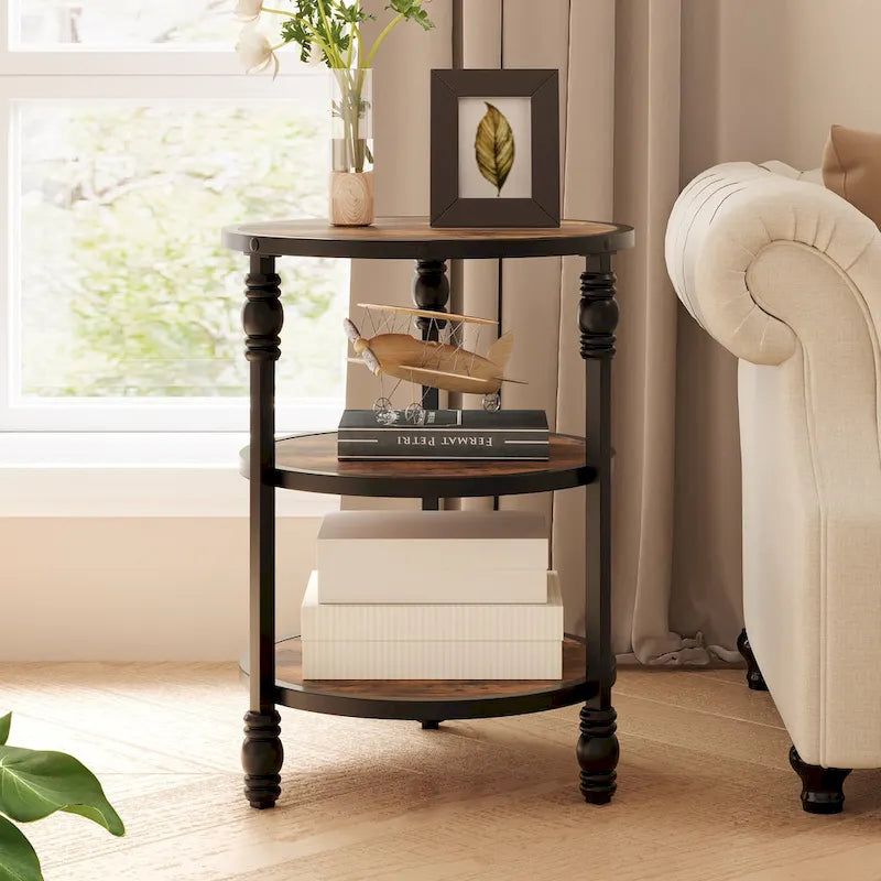 Table d'appoint ronde avec étagère de rangement et cadre métallique