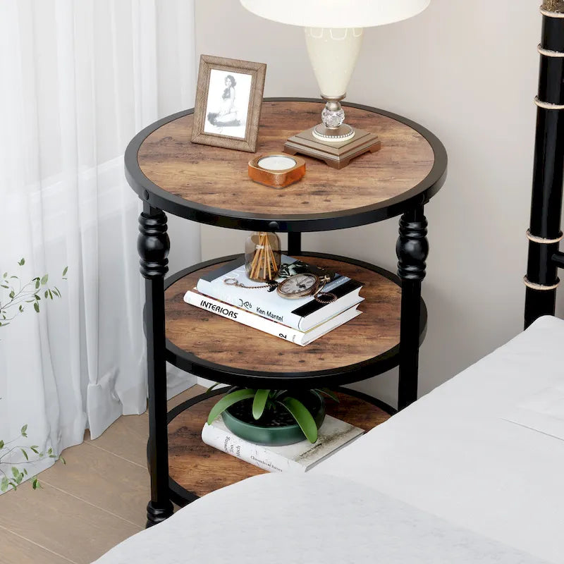 Table d'appoint ronde avec étagère de rangement et cadre métallique