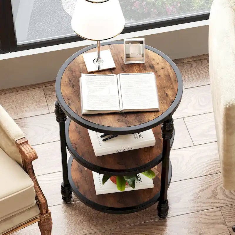 Table d'appoint ronde avec étagère de rangement et cadre métallique
