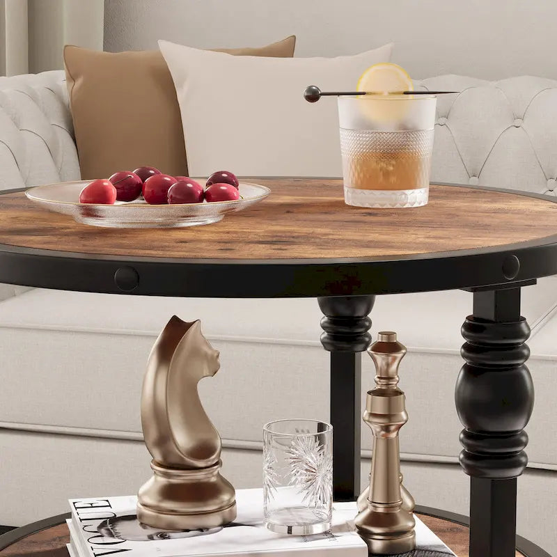 Table d'appoint ronde avec étagère de rangement et cadre métallique