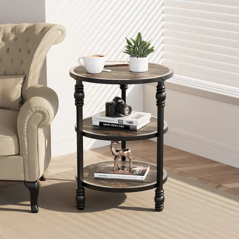Table d'appoint ronde avec étagère de rangement et cadre métallique